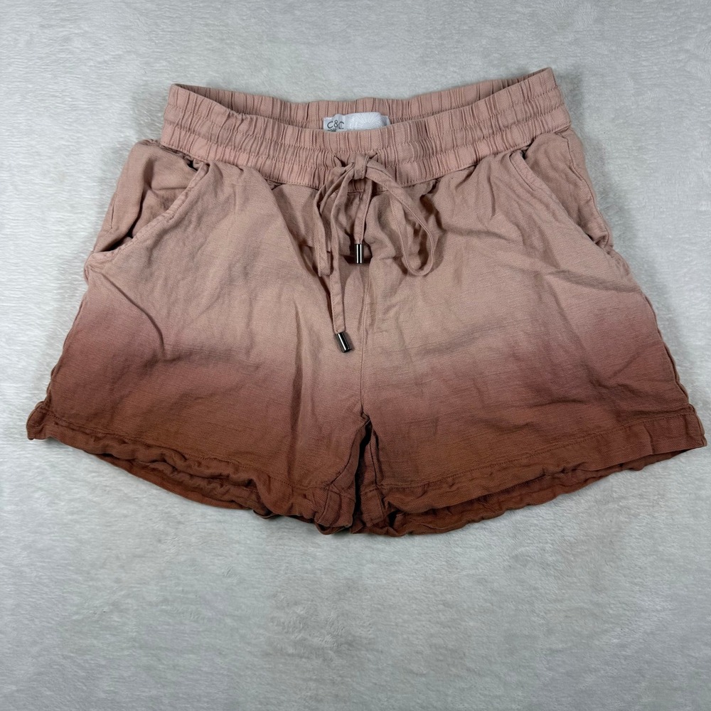 C&C California Womens Ombre Linen Blend Drawstring Shorts Pink Brown Small